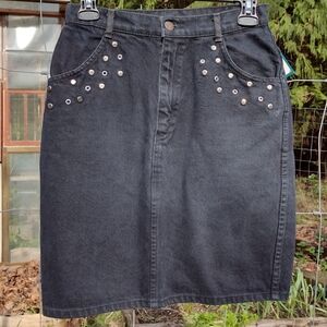 Vintage 80s Rocker Black Denim Pencil Skirt with Silver Studs